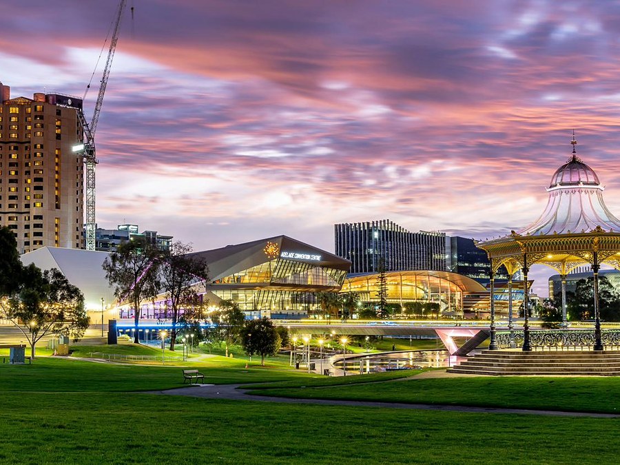 Elder Park Rotunda and Adelaide city skyline at dusk