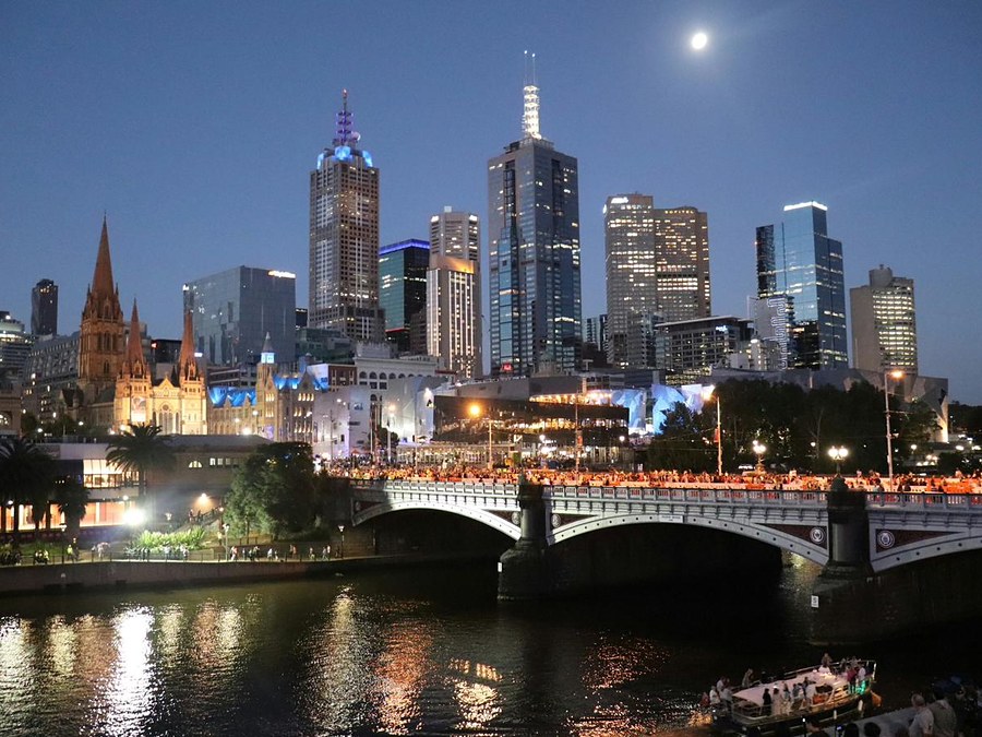 Melbourne skyline, Princes Bridge and St Paul's Cathedral at dusk