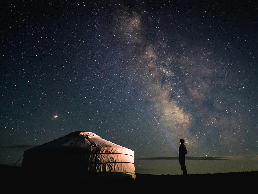 Starlit night sky over a ger camp on the Mongolian steppe