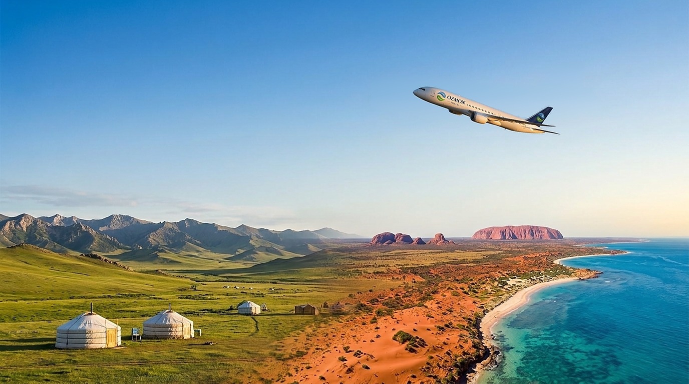 Ozmon Travel branded aircraft flying between Mongolia's steppe and Australia's outback coastline