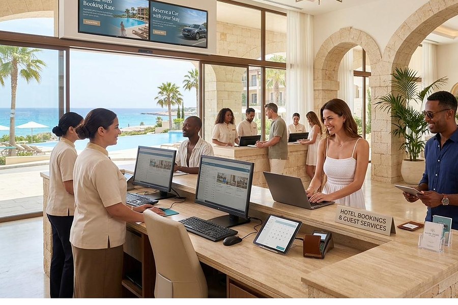 Hotel reception desk with guests checking in