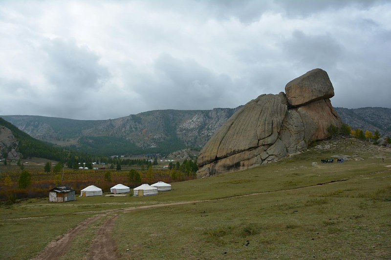 Turtle Rock and a ger camp in Gorkhi-Terelj National Park, Mongolia
